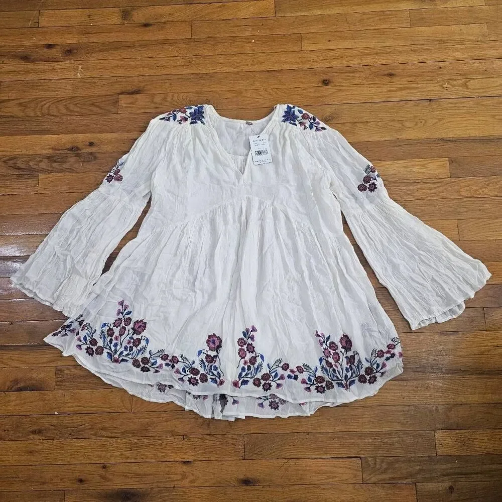 Free People Te amo White Embroidered Boho Tunic Mini Dress Top Bell Sleeves S - Picture 3 of 10